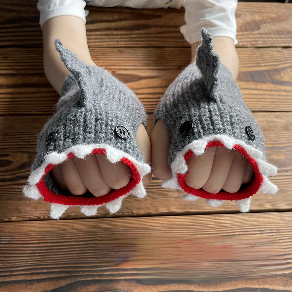 

Autumn/Winter 2022 New Cartoon Blue Gray Shark Biting Hand Gloves Warm Half Finger Knit Gloves