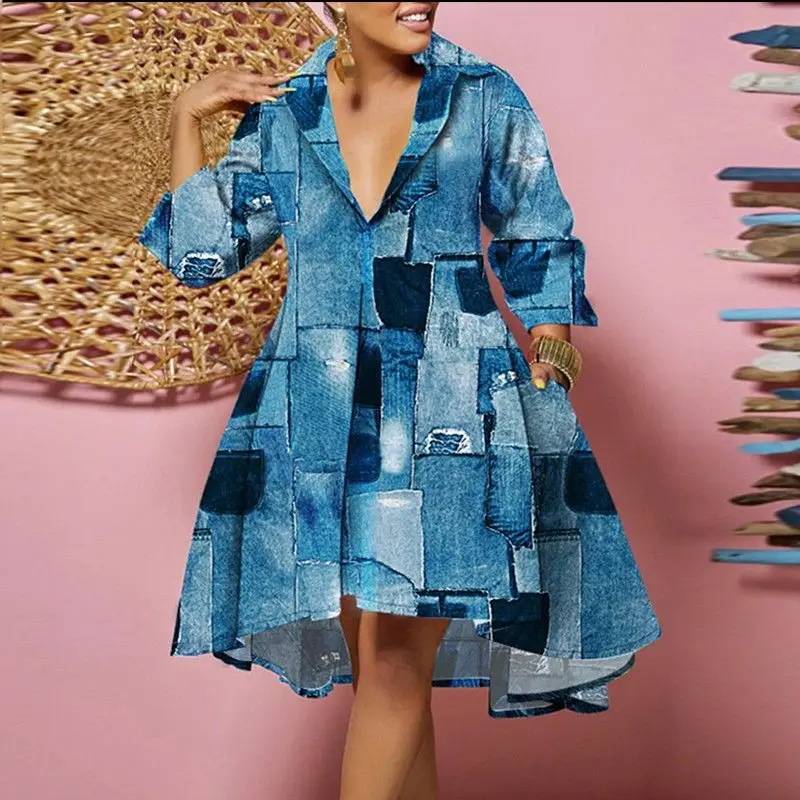 Plus Size Elegant Women Dress Patchwork Print V Neck Club Outfit Casual Loose Luxury Gown 2023 Summer Wide Evening Party Dress