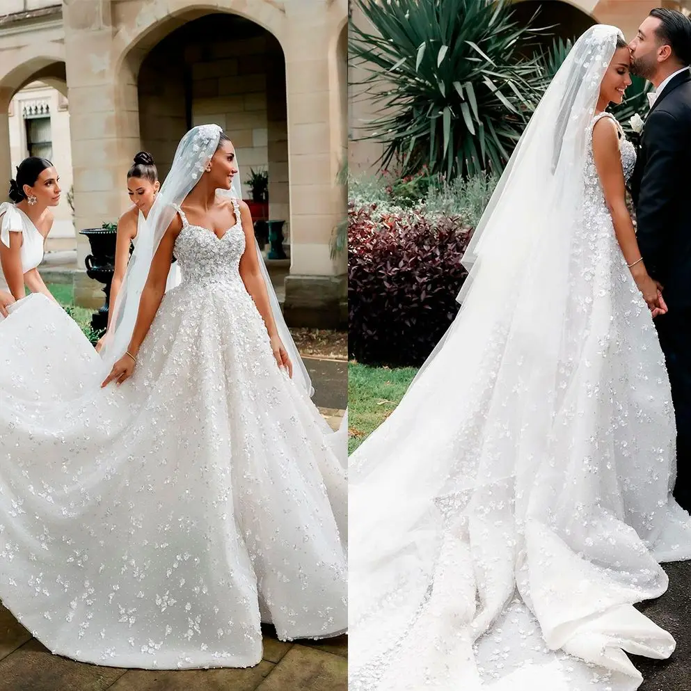 

Sexy Floral A Line Wedding Dress Spaghetti Straps Applique Sleeveless Custom Made Saudi Arabic Bridal Gown