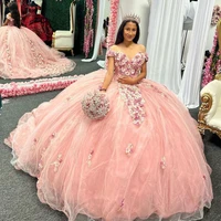 princess pink off the shoulder ball gown quinceanera dress with handmade 3d flowers appliques sweet 15 prom party dresses