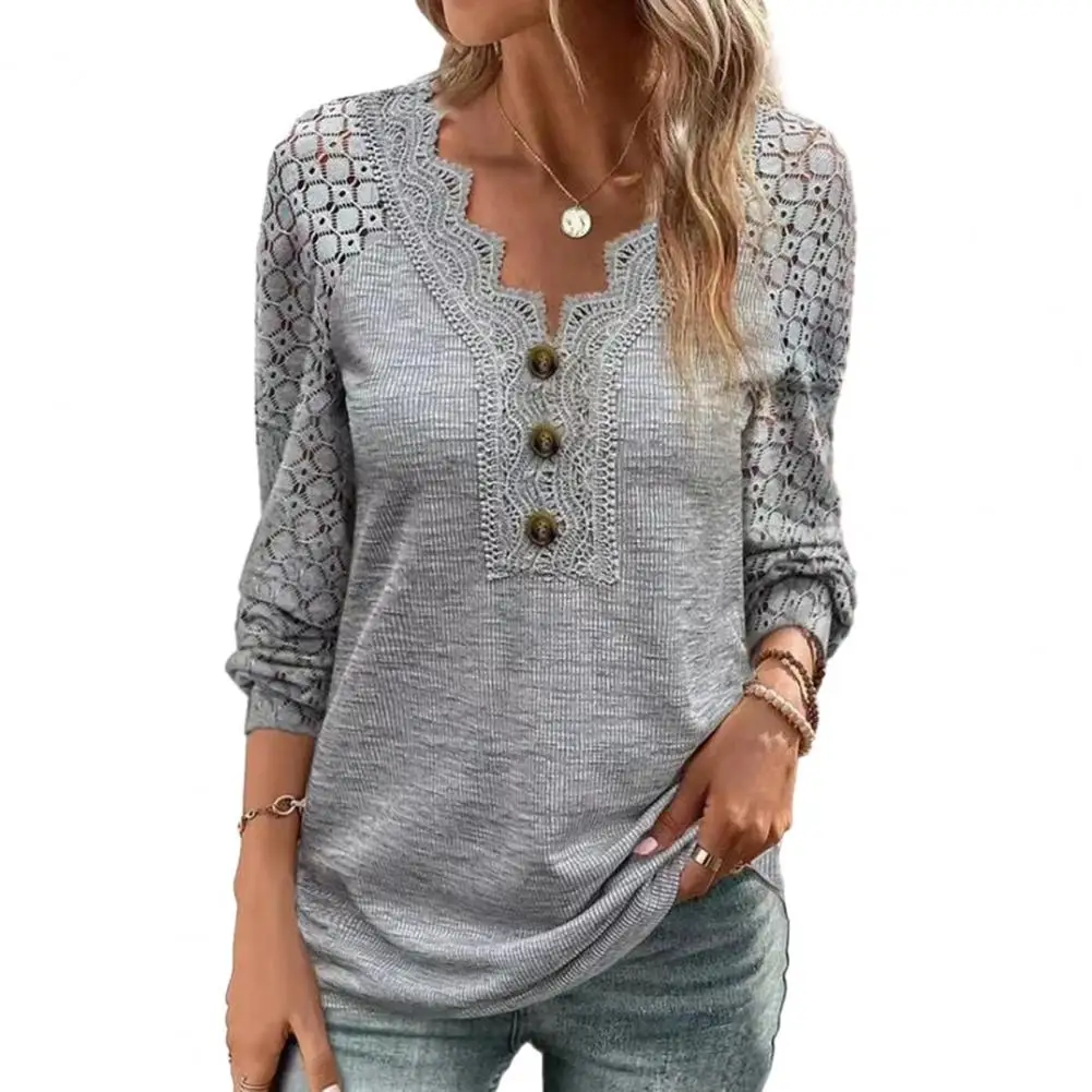 

Women Lace Shirt Chic Lace-decorated Women's Tops Soft Breathable Pullovers Buttoned V-necks for Spring Fall Fashion V Collar