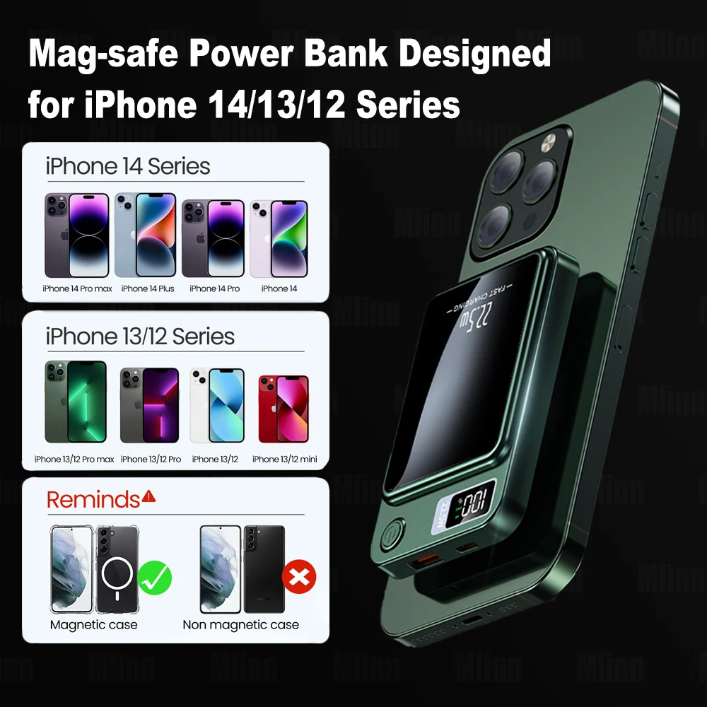 Macsafe Powerbank External Auxiliary Battery Slim Magnetic Power Bank QC3.0 15W Wireless Charge For iphone 12 13 14 Pro Max Mini