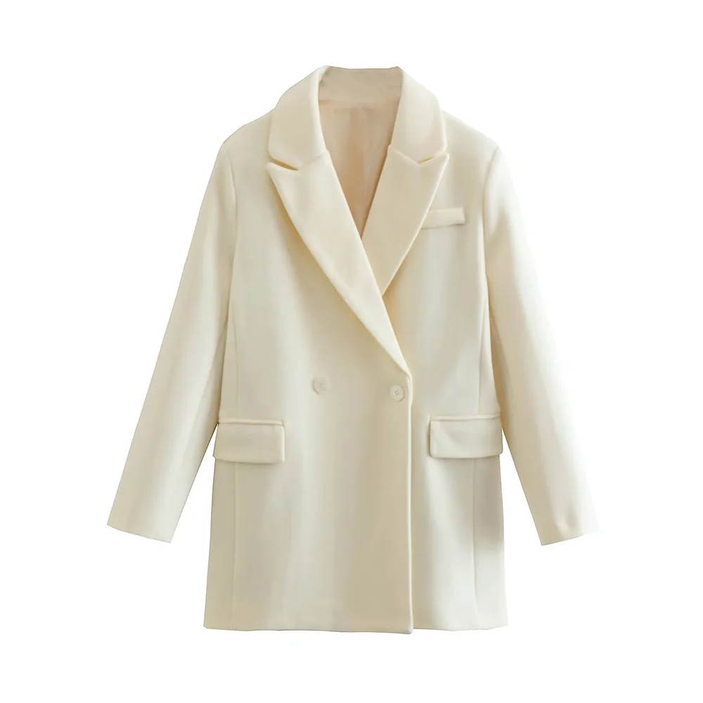

PB&ZA Women 2022 Autumn Fashion Double Breasted Loose Blazer Mid-length Coat Wool Long Sleeve Office Lady Chic Female Outerwear