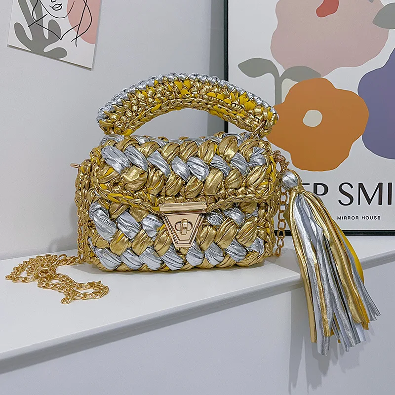 Fashion Crochet Bag Knitting Bags for Women 2023 Woolen Yarn Handmade Woven Handbags with Chain Ladies Solid Color Square Bags