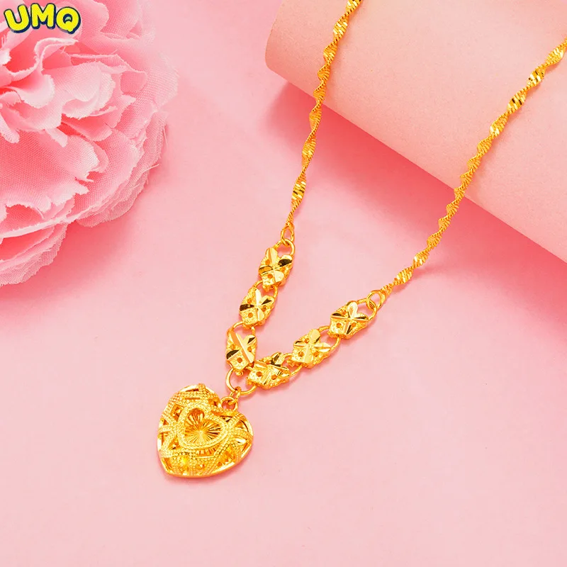 Heart Shaped 24k Yellow Gold Plated Pendant Necklace for Women Luxury Hollow Clavicle Chain Fade Free Wedding Anniversary Gifts