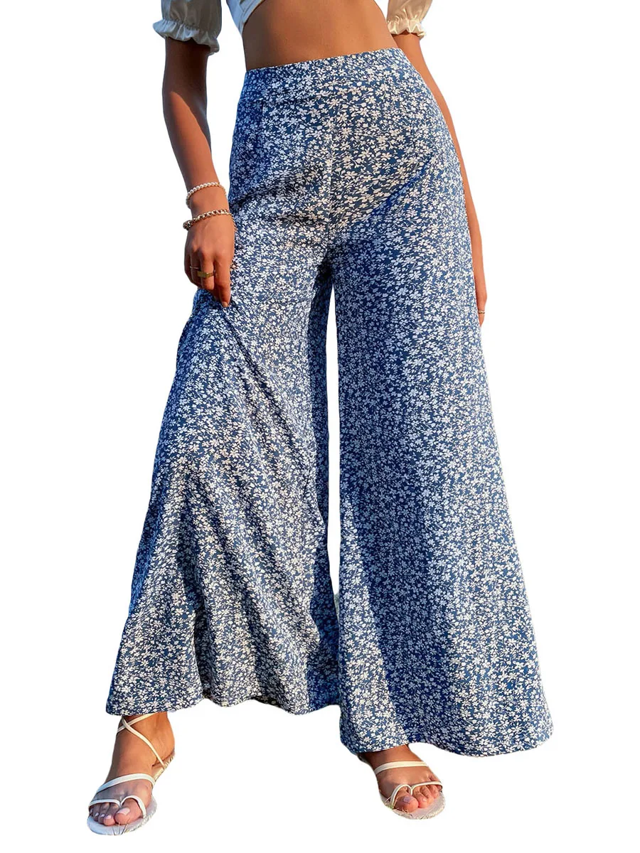 

Women Wide Leg Pants Casual Elasticated High Waist Floral Printed Baggy Straight Palazzo Yoga Trousers