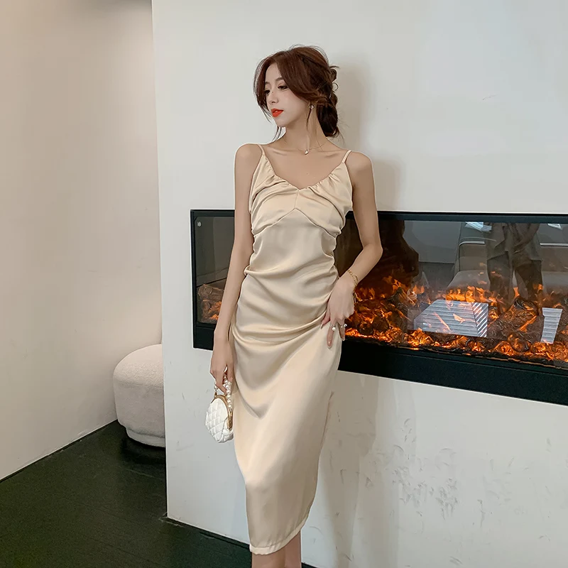 

Женское платье с лямкой на шее, длинное летнее платье цвета шампанского с высокой талией для видеосъемки