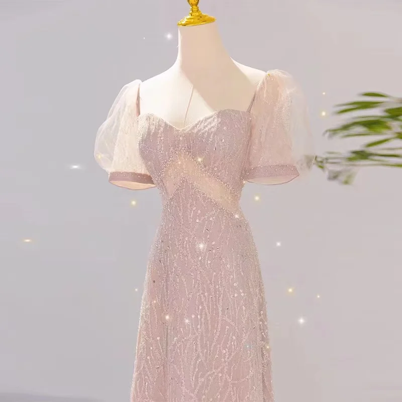 

Pink Prom Dresses Sweetheart A-Line Puff Sleeve Bling Sequins Beading Backless Floor-Length Formal Party Gown Robe De Soiree New