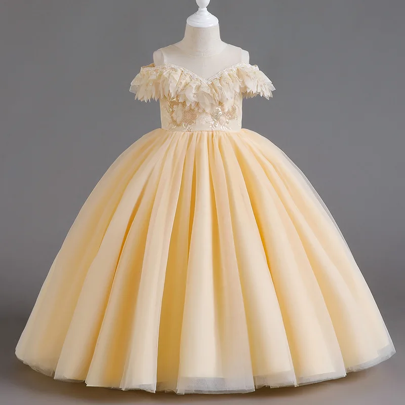 

Новое Вечернее платье для девочек с открытыми плечами, длинная сетчатая Пышная юбка с аппликацией, модное платье для приема, для девочек 4-14 лет