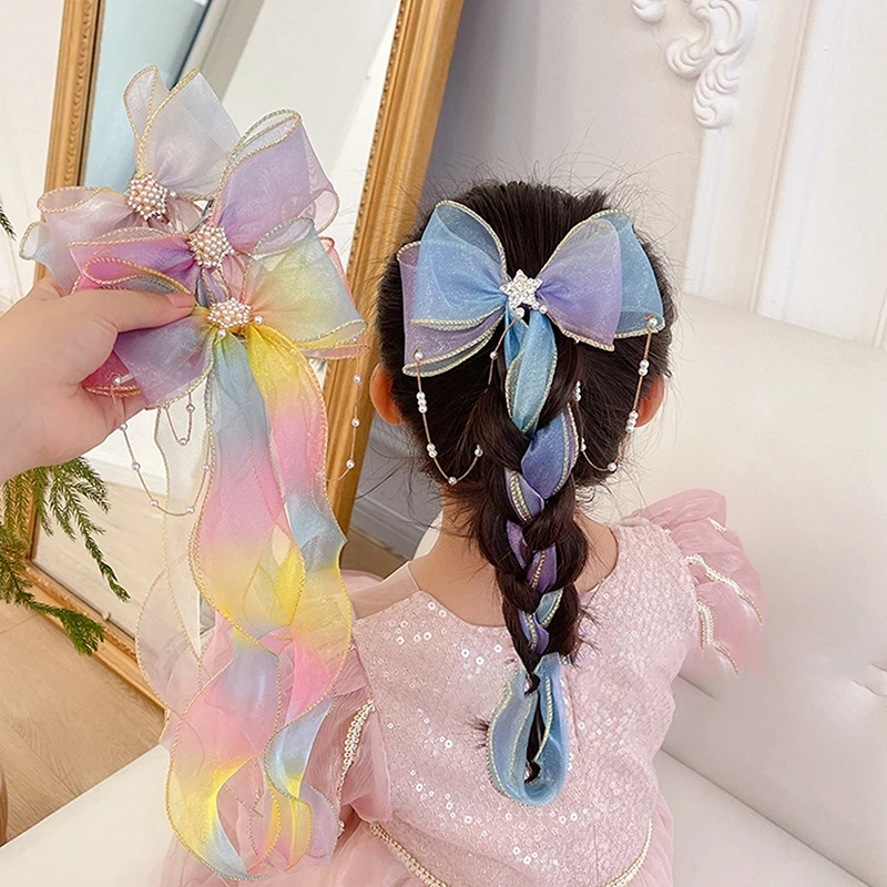 

1pcs Children's Hair Accessories Pearl Tassels Bows Ribbons Braided Hairpins Headdresses Summer Girls Princess Hairpins