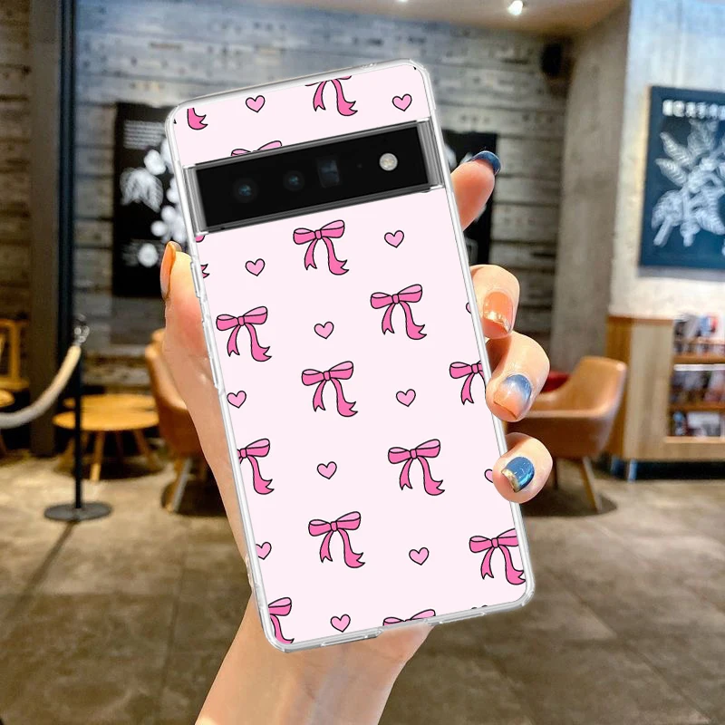Фото Phone Case For Google Pixel 9 8 7 6 9A 8A 7A 6A 5 4 5A 4A 3A Pro XL Soft Clear TPU Transparent Cover Cute Pink Heart Bow №3