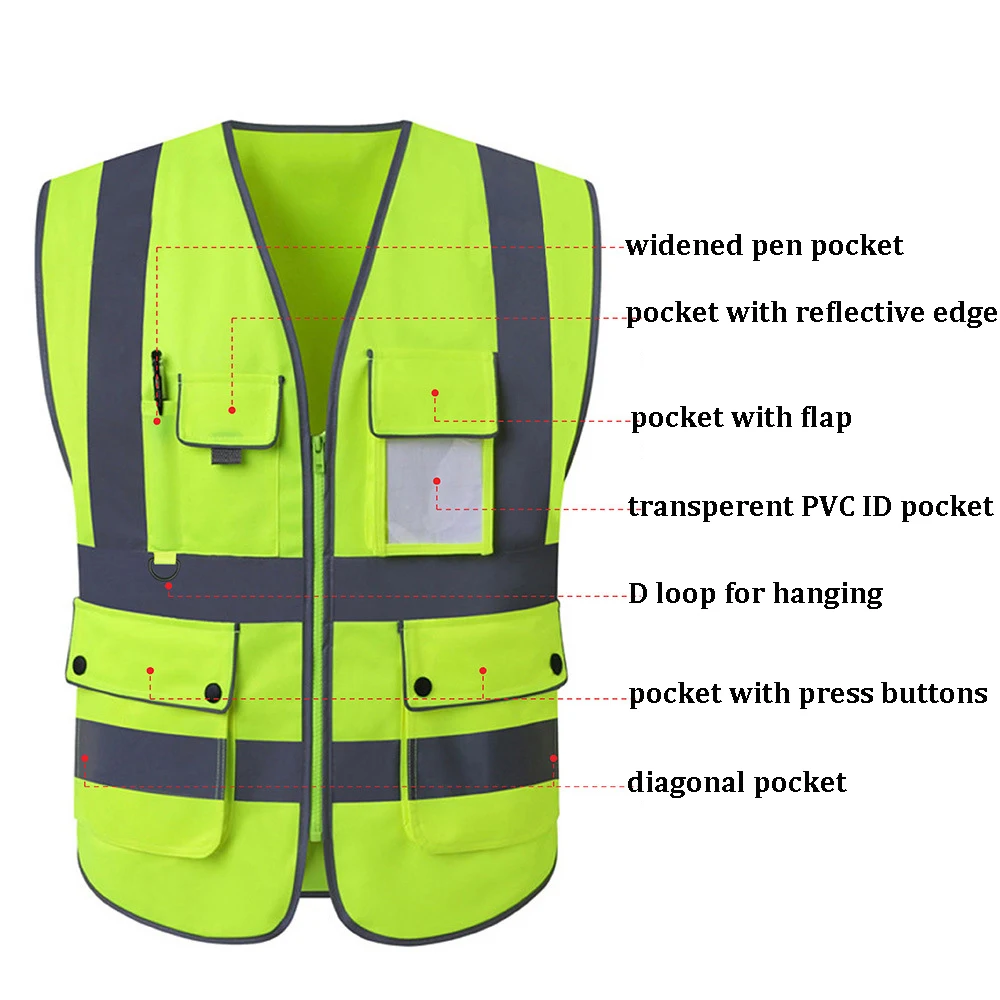 High Visibility Reflective Vest Zipper Front Safety With Strips Construction Workwear