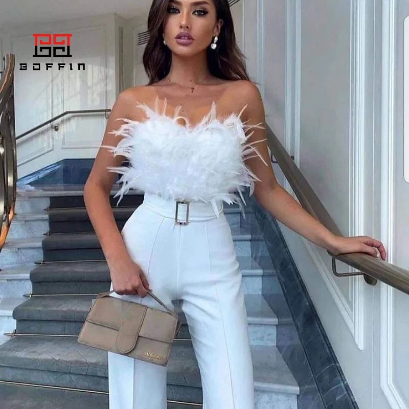 

Женский вечерний комбинезон без бретелек, с перьями