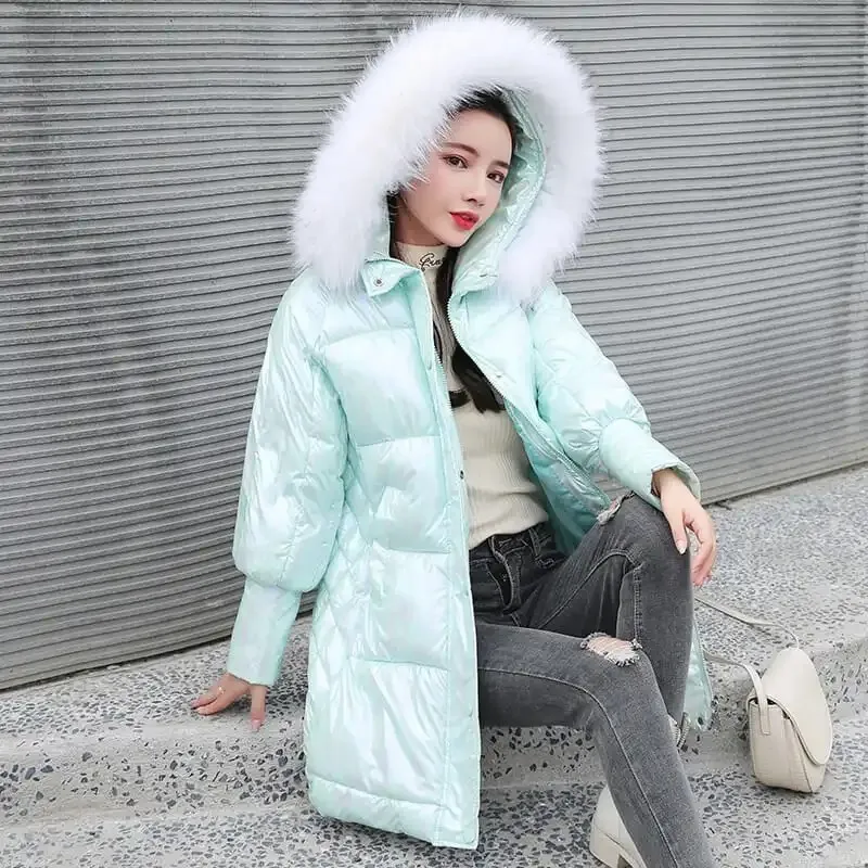 Hooded Fur Collar Women's Parka 2022 Winter New Mid-Length Jackets Shiny Glossy Down Padded Outwear Long Sleeve Female Fashion