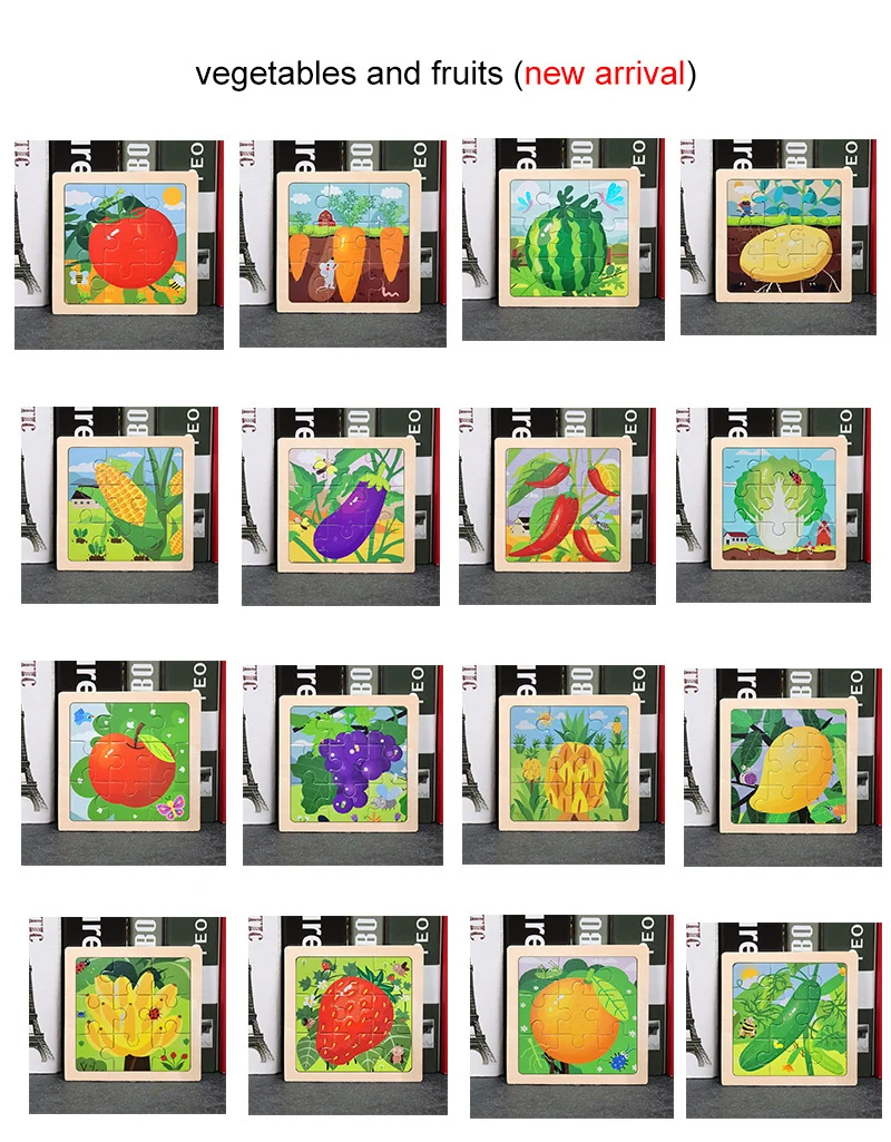 Фото Игрушки Монтессори для малышей, 11x11 см, деревянный пазл, мультяшное животное, фруктовый автомобиль, 3d головоломка, игра, Развивающие головол... №3