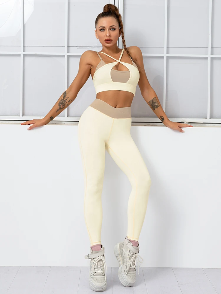 

Sexy Yoga Set Girl Thin Shoulder Leggings Sets V Waist High Elastic Tracksuit Crop Bra Suit Fitness Workout Clothing Candy Suits