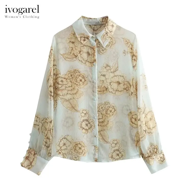 

Ivogarel Floral Print Shirt Women's Vintage Collared Semi-Sheer Shirt with Long Sleeves and Button-Up Front