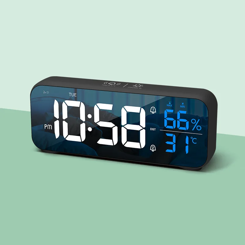 

LED Music Alarm Clock Voice Control Temperature Humidity Display Desktop Clocks Wall Rechargeable Digital LED Mirror Clocks