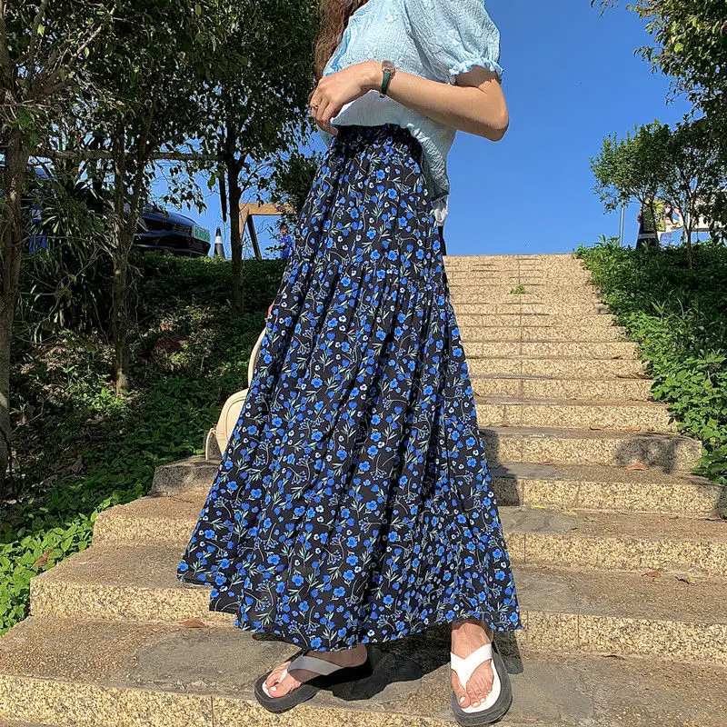 

Summer Blue Floral Ankle Long Chiffon Skirt Cakee Patchwork Swing A-line Blue Chiffon Calf Long Skirts