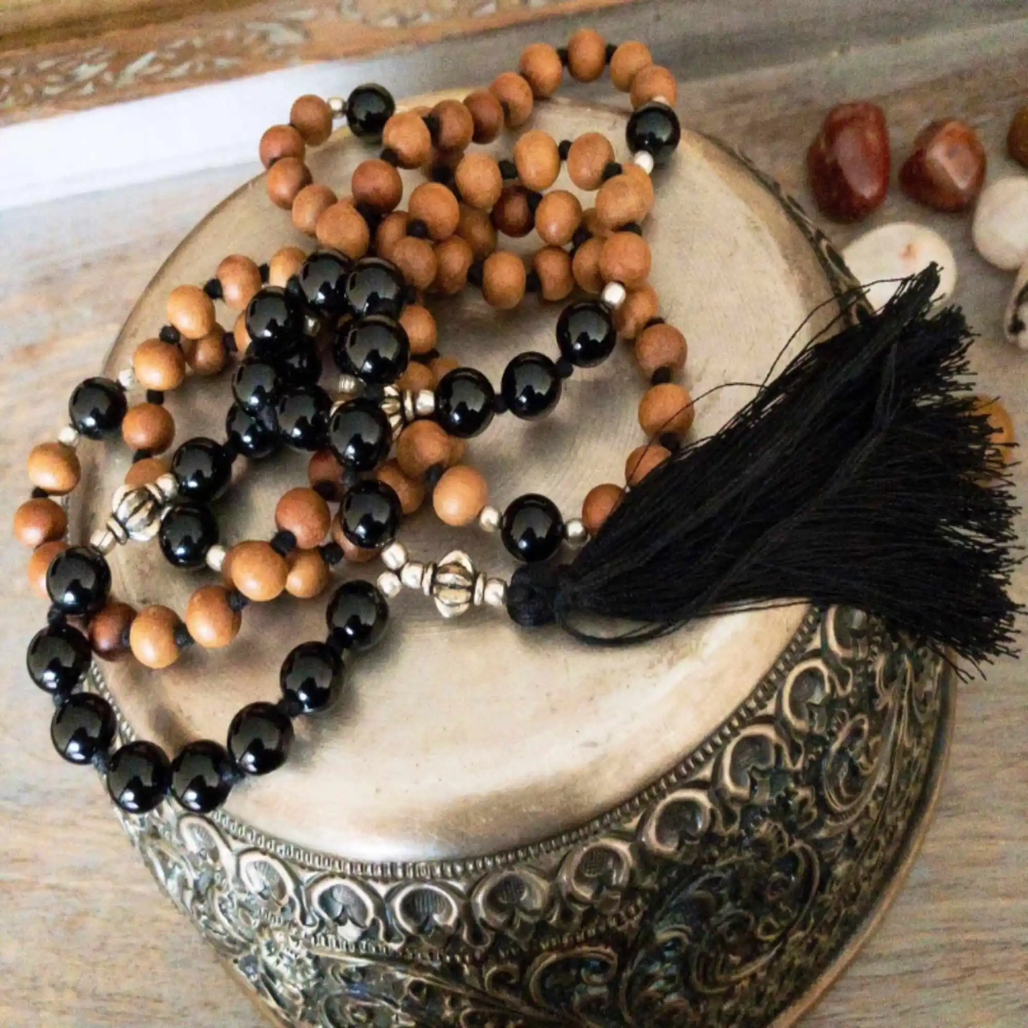 

8mm Natural knot Sandalwood Black Onyx beads necklace Chakra Jasper Beaded Calming Blessing Elegant Pray Seven Chakras Emotional