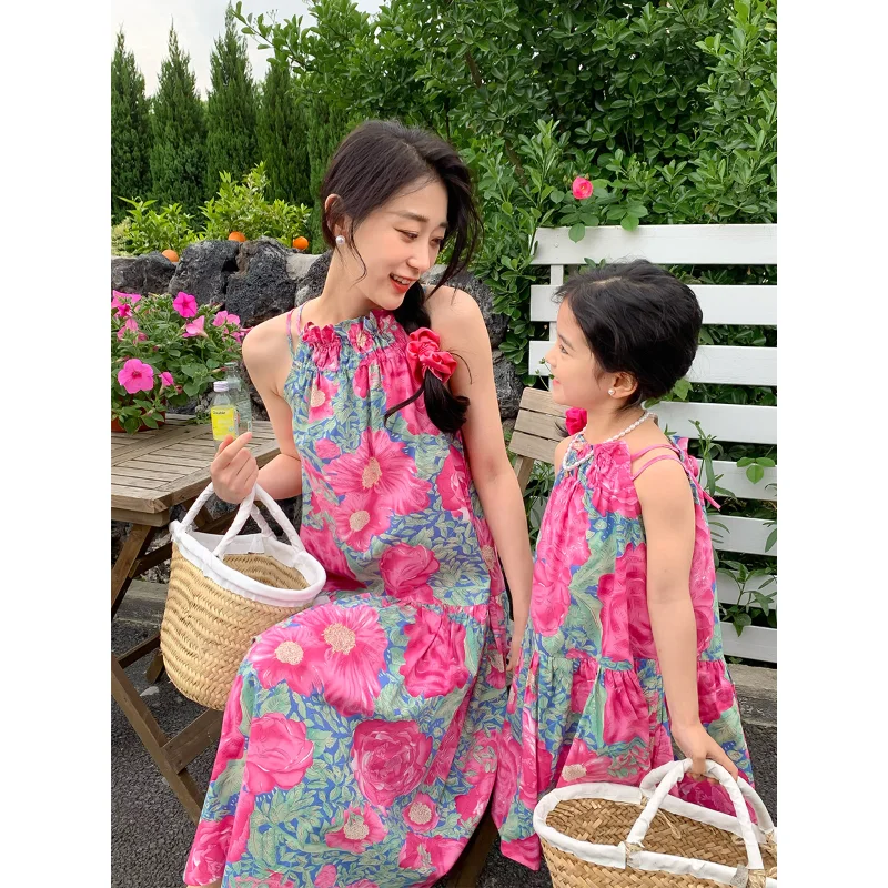 

Family Matching Outfits Summer Mother Daughter Bohemian Beach Holiday Floral Dresses Casual Girls Sling Long Dress Kids Clothes