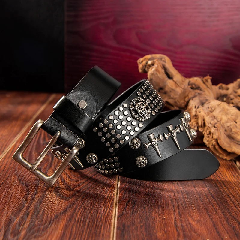 Fashion Men Personality Skull-head Rivet Genuine Leather Belts Cool Punk Rock Hip Hop Pin Buckle Belt With Holes