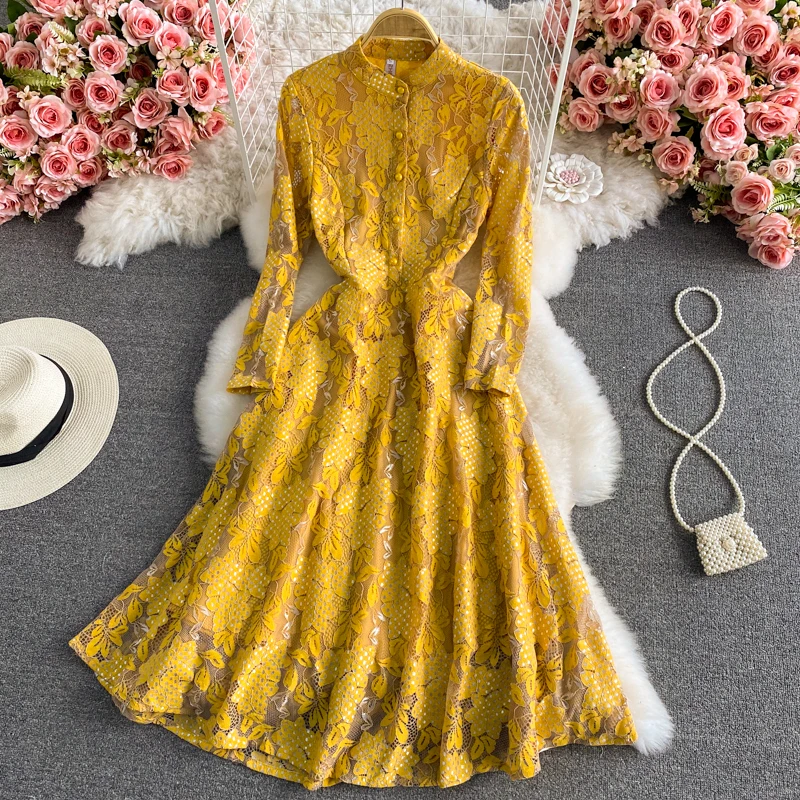 

New Casual Spring Autumn Full Floral Print Button Lady Dress A Line Shand Collar Chiffon Single Breasted Women Dresses Vestido