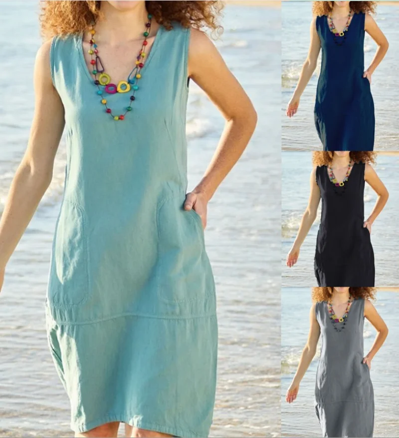 

Fashion Maxi Dresses for Women Solid U-neck Sleeveless Pocket Long Skirt Streetwear Ladies Clothing Dress Woman Casual Clothes