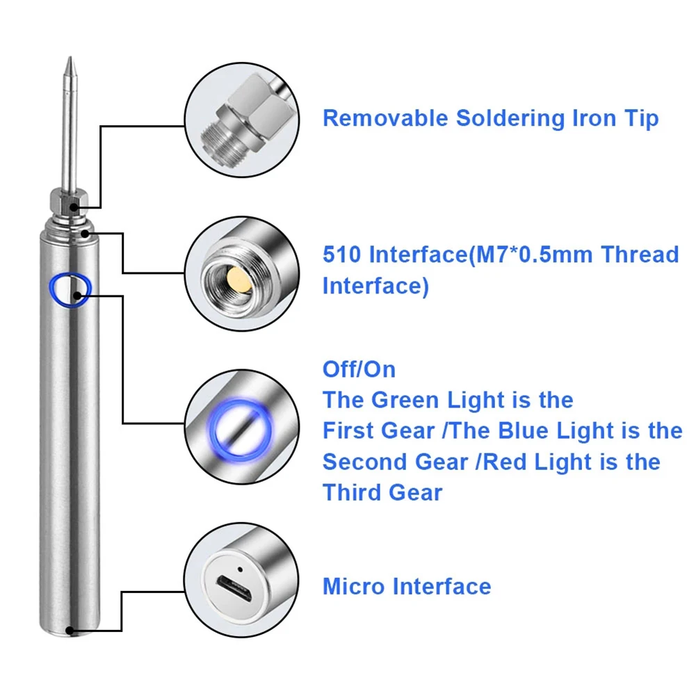 

Tip Soldering Iron 16cm /6.30inch 5V/2A 8W Accessories Pen Kit Repair Set