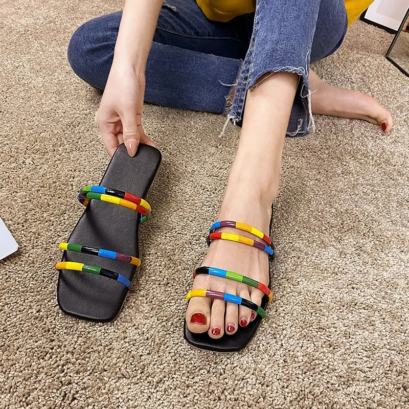 

Women 2022 Summer Trend Sandals Slippers Female Outdoor Beach Slippers Flat Slides Colorful Shoelaces Quality Sandals for Women
