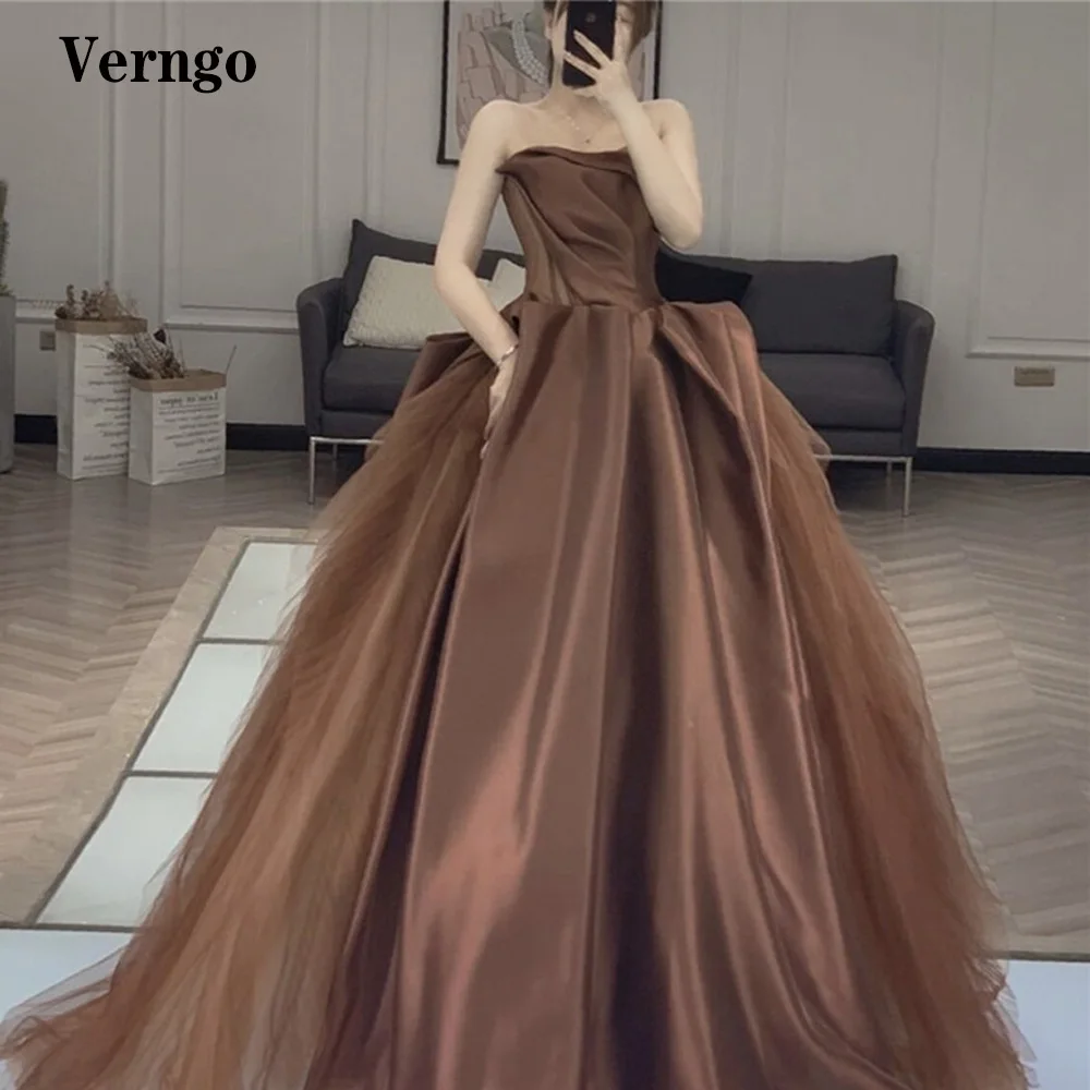 

Verngo Korea A Line Tulle Satin Evening Dresses Strapless Puff Skirt Floor Length Women Prom Party Dress Women Formal Gown