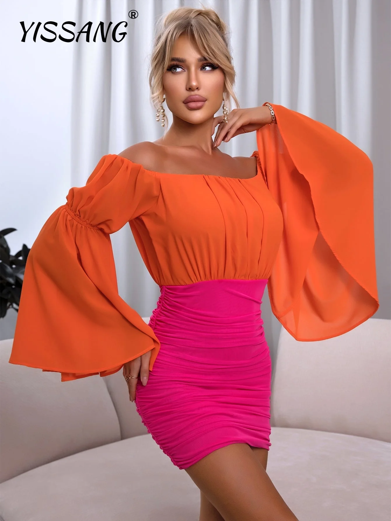

Yissang Two Tone Off Shoulder Flounce Sleeve Ruched Dress
