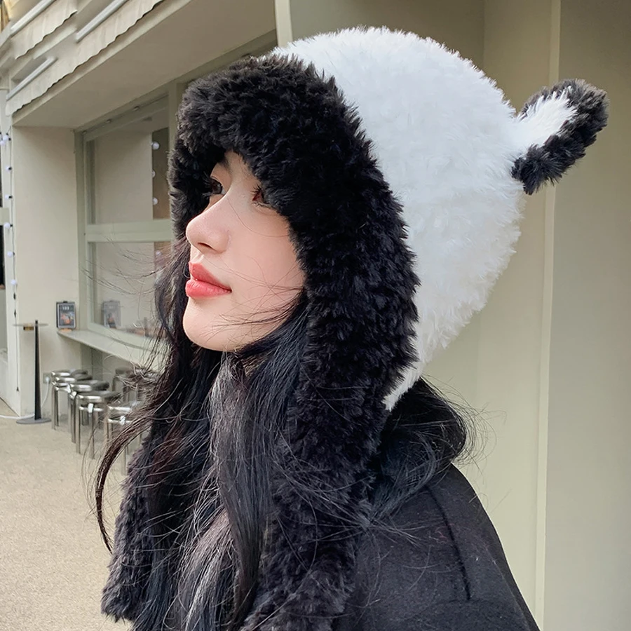 

Женская вязаная шапка-бомбер Bear Ear Hat бархатная утепленная ветрозащитная Лыжная шапка для защиты ушей шапочки облегающие шапки