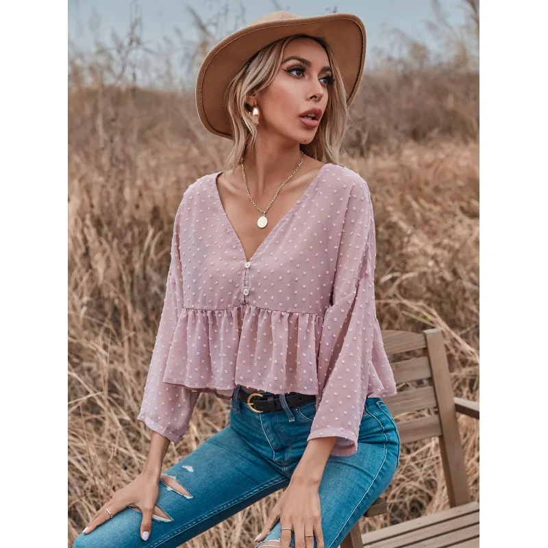 

Женская блузка с V-образным вырезом, приталенный прозрачный однотонный шифоновый топ в горошек, новинка весны и лета