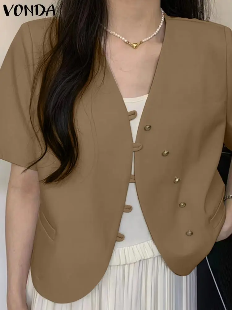 

2023 VONDA Элегантный женский Блейзер летний OL стиль пальто Модный с коротким рукавом V-образным вырезом Повседневный однотонный свободный Блейзер на пуговицах Топы