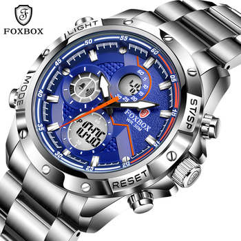 FOXBOX Men Watch Luxury Dual Display Stainless Steel Watch for Men Sport Waterproof Watches Mens Luminous Fashion Digital Clock-36680