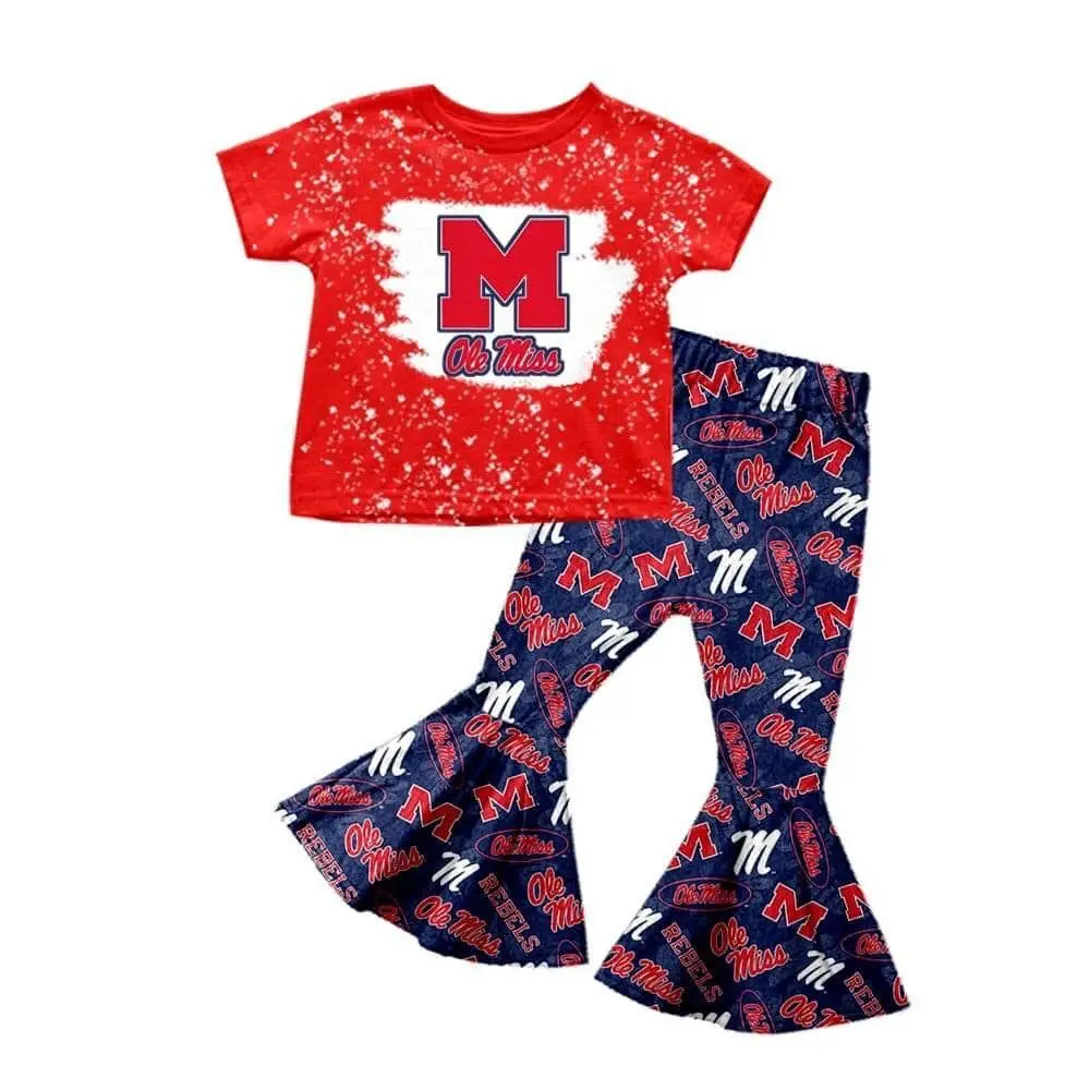 American New Designer Baby Girls Clothing Sets Sports Team M Printing T-shirts Flare Bell Bottom Pants for Kids Outfits Boutique