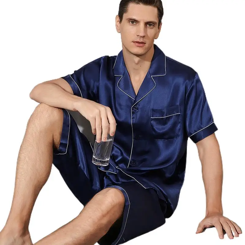 

19 Momme Summer 100% Natural Silk Shorts Pajamas Sets men's Sleepwear Short Sleeve Pure Color Elegant Male Sleepwear
