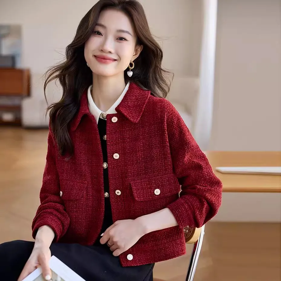 Изысканное красное очаровательное женское короткое пальто 2023 осень/зима Новая