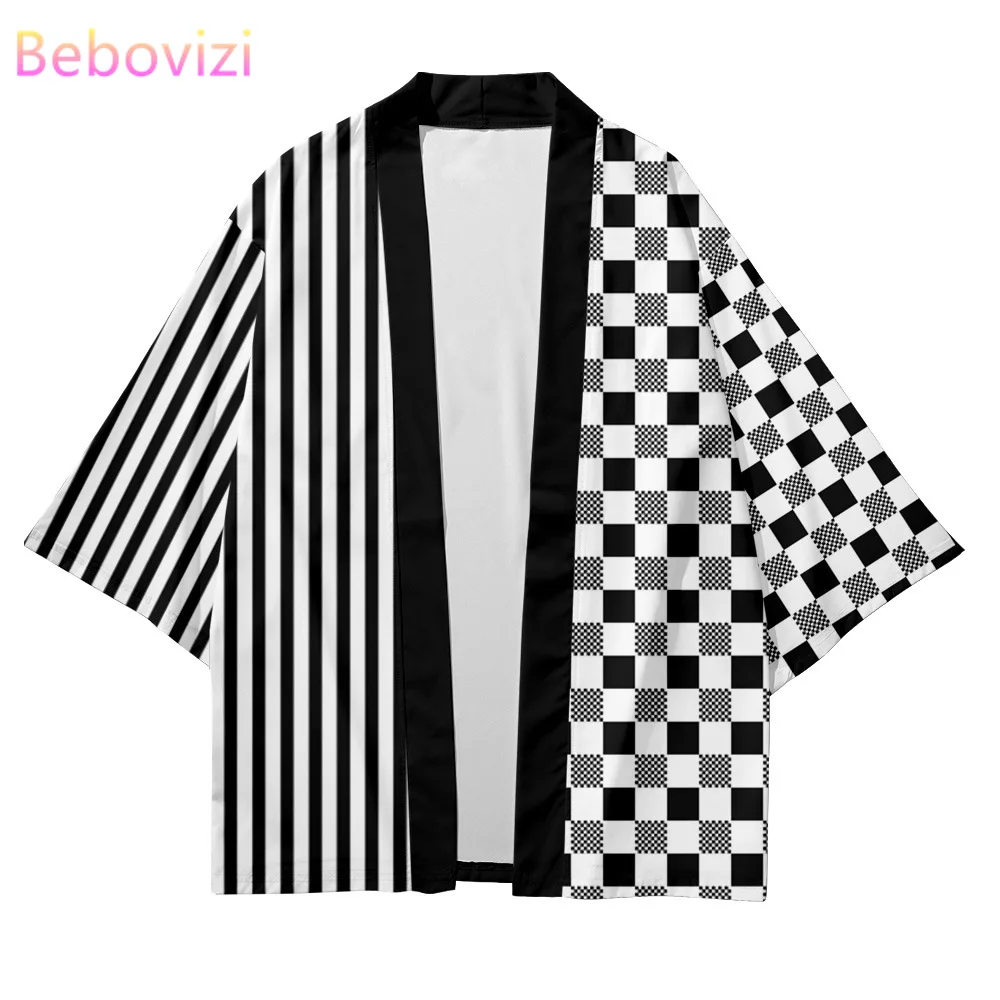 

Newest 2022 XXS-6XL 5XL Personality Striped Checkerboard Japanese Tanjiro Kimono Cardigan girls Boy Harajuku Haori Top Yukata
