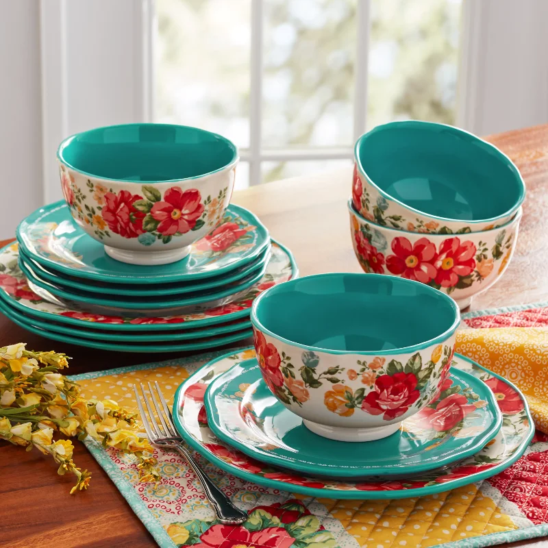 

The Pioneer Woman Vintage Floral 12-Piece Dinnerware Set, Teal Dinner Set Plates and Dishes Dinnerware Set