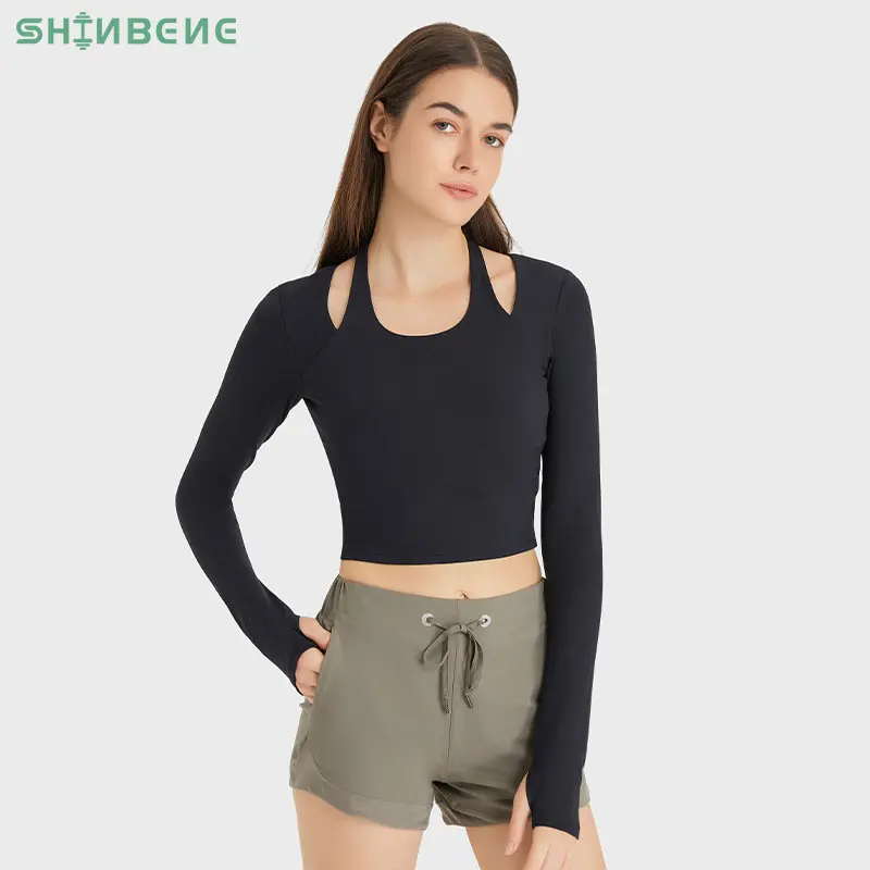 

SHINBENE Halter Neck Workout Gym Long Sleeve Shirts Women Naked Feel Plain Sport Long Sleeve Crop Tops with Thumb Holes