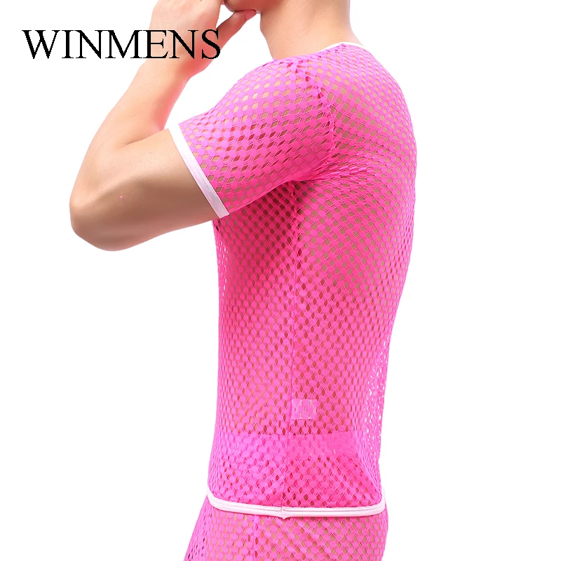 Men's Fishnet See Through Undershirts Summer Funny Cut-outs Mesh Short Sleeve Shirts Ultra Elastie Sheer Gay Bodysuit Breathable