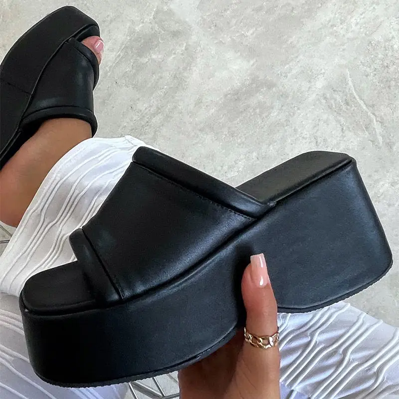 2022 Women's Slippers Square Toe Leather Platform Ladies Shoes Summer Fashion Thick Bottom Female Slipper Woman Flip-flops