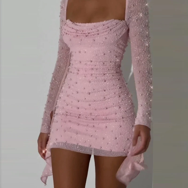 

Women Sexy Slash Neck Slim Fit Hips Dress Spring Beading Design Pleated Evening Dress Fall Long Sleeve Hollow Bodycon Mini Dress