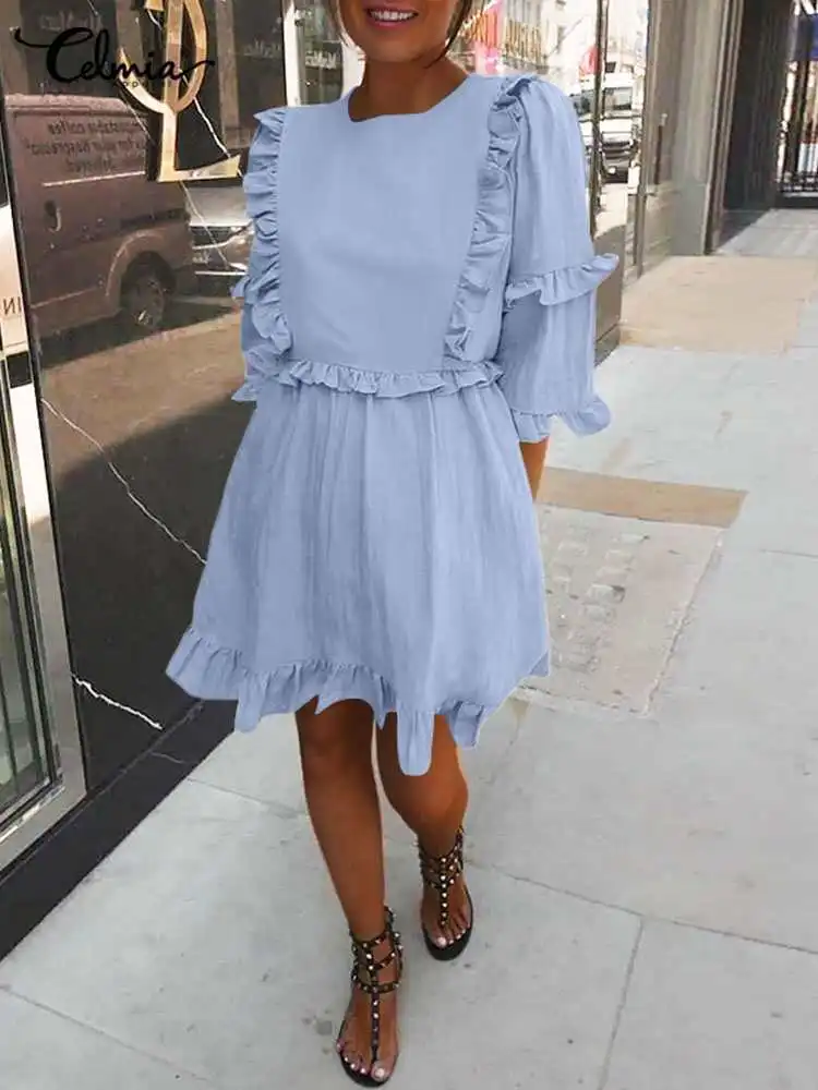 

Celmia женское Кукольное платье с оборками, а-силуэт, однотонное, с вышивкой в виде грибка, летнее праздничное платье 2022, повседневное мини-плат...