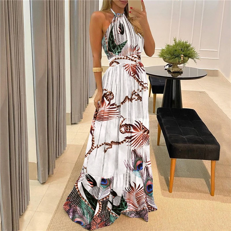 

Women Boho Halter Neck Dots Maxi Dress Sleeveless Leopard Dresses Oversized Holiday Beach Long Sun Dress Sexy Evening Party Robe