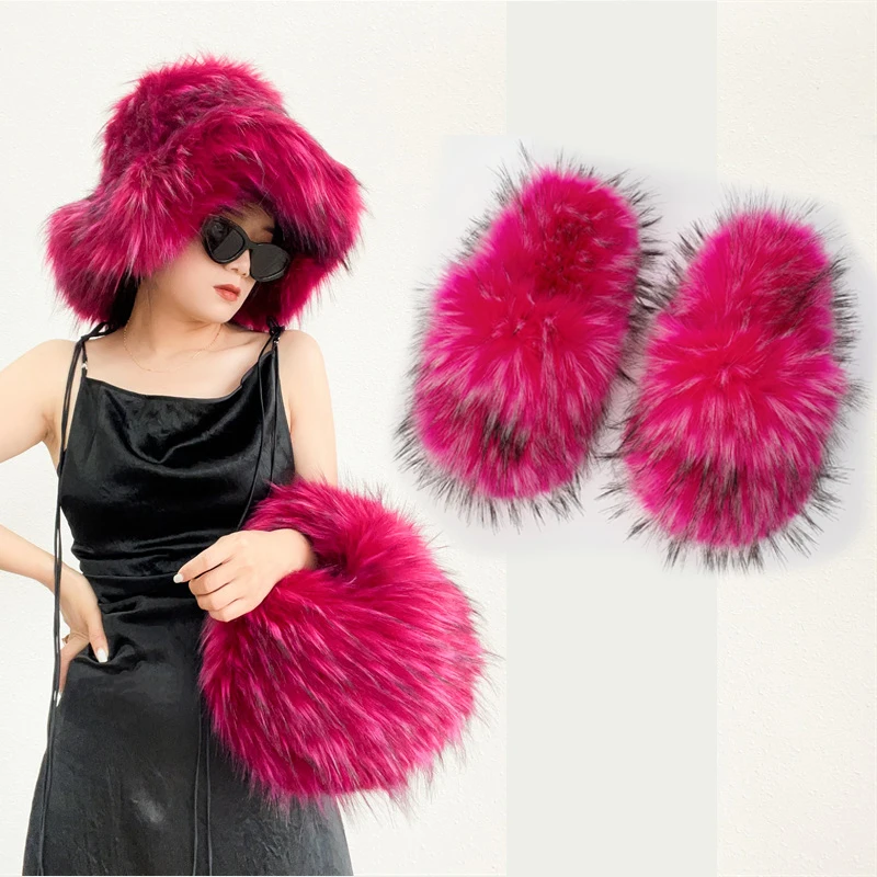 

Зима 2023, искусственные меховые тапочки, женские шлепанцы, модная теплая меховая шапка, женский клатч с мячом, комплект сумок