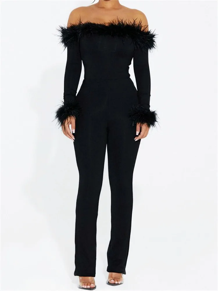 

Women Fashion Y2K Jumpsuits Fuzzy Trim Off Shoulder Long Sleeve Bodycon Romper Playsuits Party Elegant Harajuku Streetwear