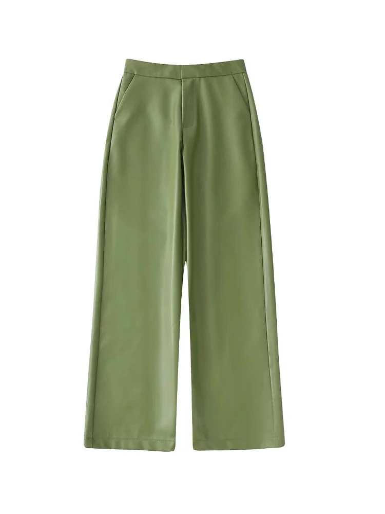 

2022 Summer Women Straight Pant Casual PU Solid Buttons Zipper Female Elegant Street Fashion Pant Trousers Clothing